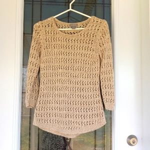 Saint Tropez West Pretty Tan Long Sleeve 77% Cotton Crochet Lace Beige Top M
